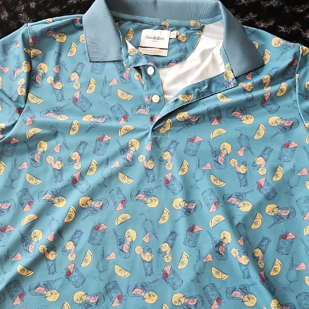 Goodfellow & Co Teal Polo with Lemon and Drink Pattern